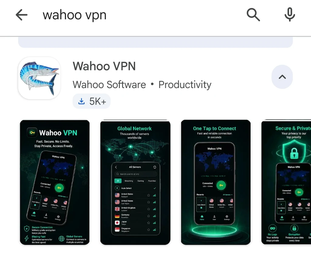 Open Google Play and search for “Wahoo VPN”. Choose the app by Wahoo Software and install it. For APK installation, download the package from the Android app page linked below.