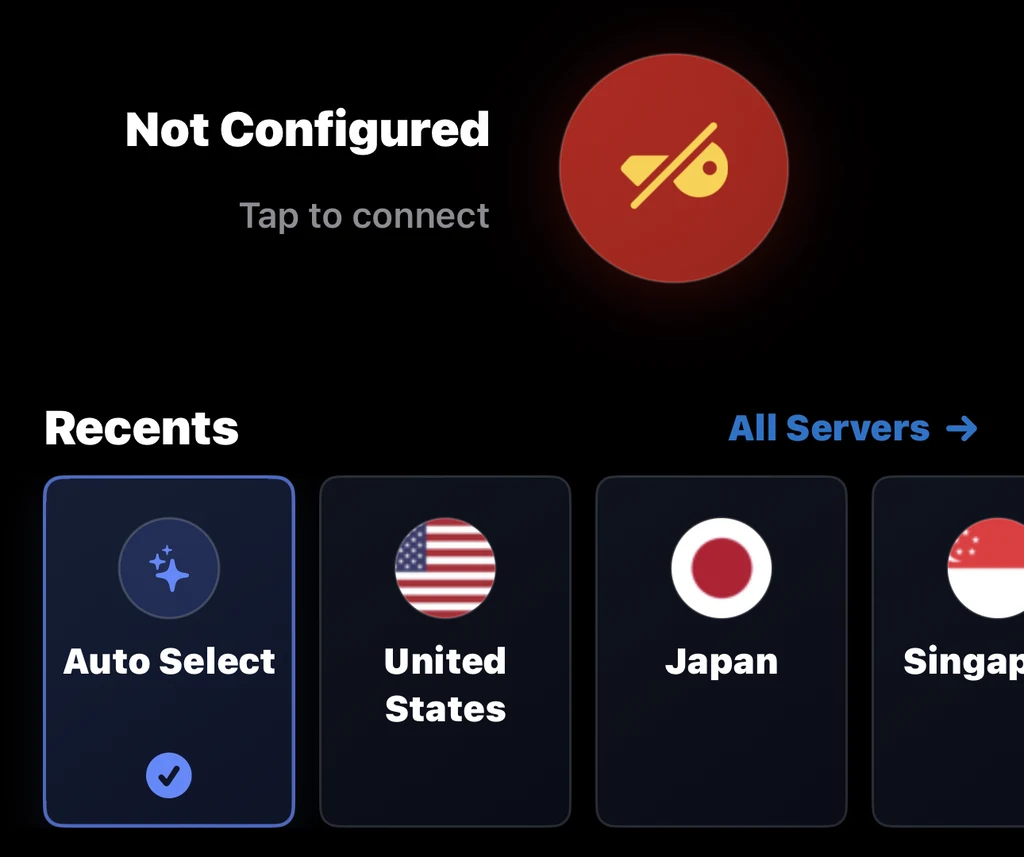 Keep Auto Select selected, then tap the red connection button next to Tap to connect.