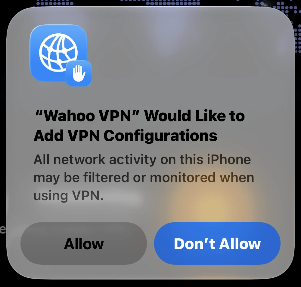 On the first connection, tap Allow when iOS asks to add VPN configurations. Confirm with your device passcode if prompted.