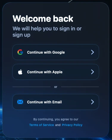 Open Wahoo VPN and choose Continue with Google, Continue with Apple, or Continue with Email. If you choose email, enter your email address and the one-time verification code sent to your inbox.