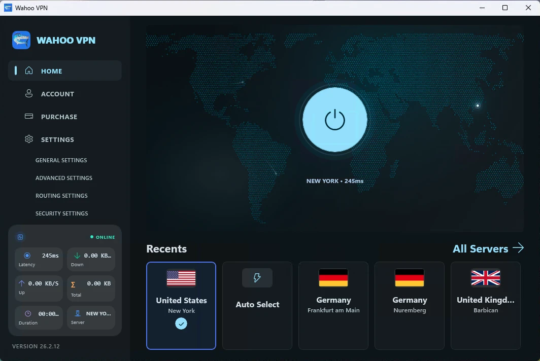 When the network status panel shows ONLINE, the VPN is connected. Click the power button again to disconnect.